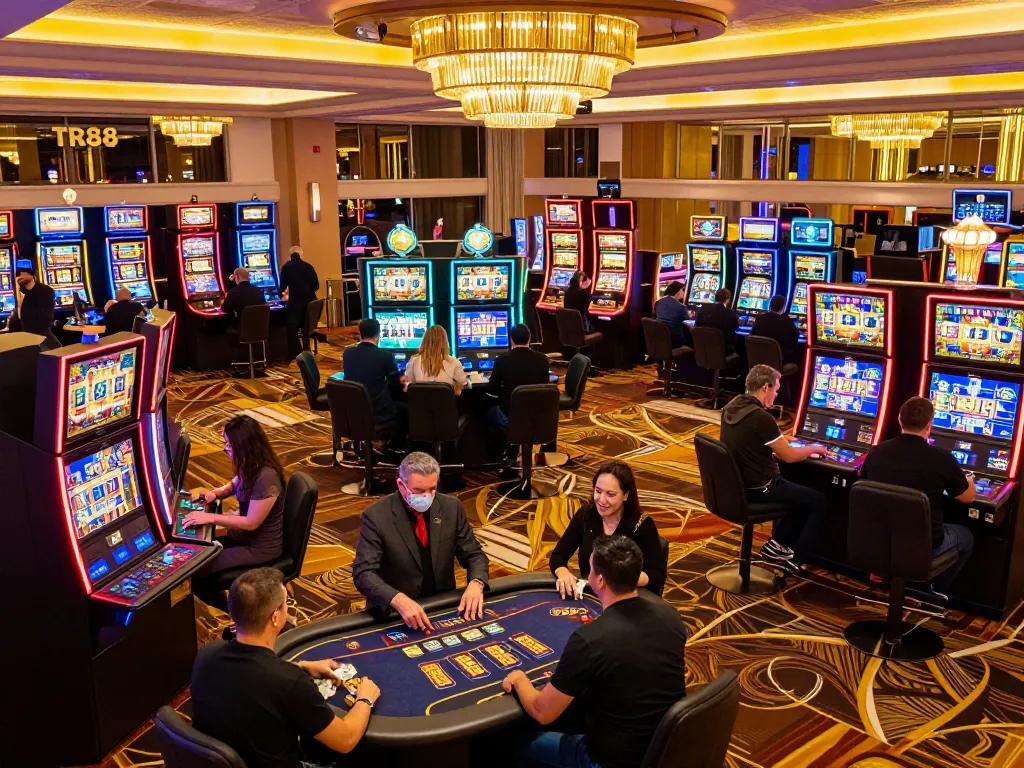 Players enjoying the exciting gaming experience at TR88 casino, highlighting vibrant slot machines and lively table games