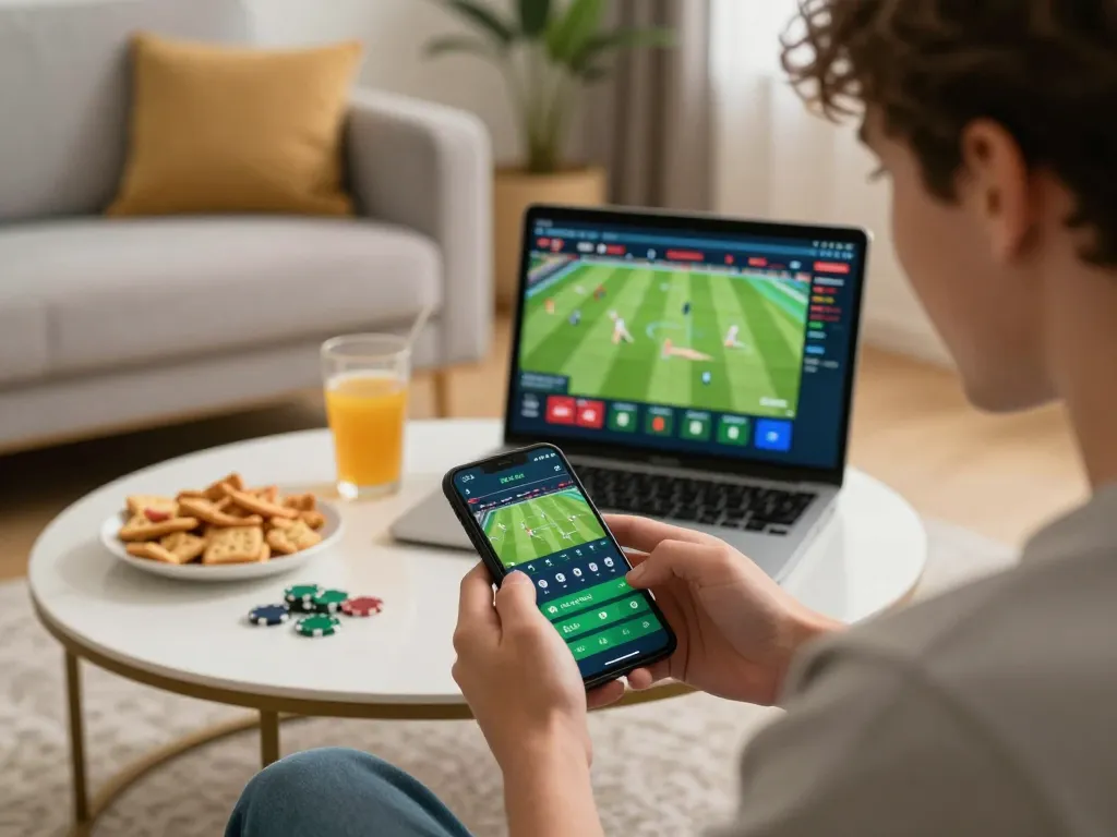Player experiencing sports betting on KKBD app during a cozy home gaming session.