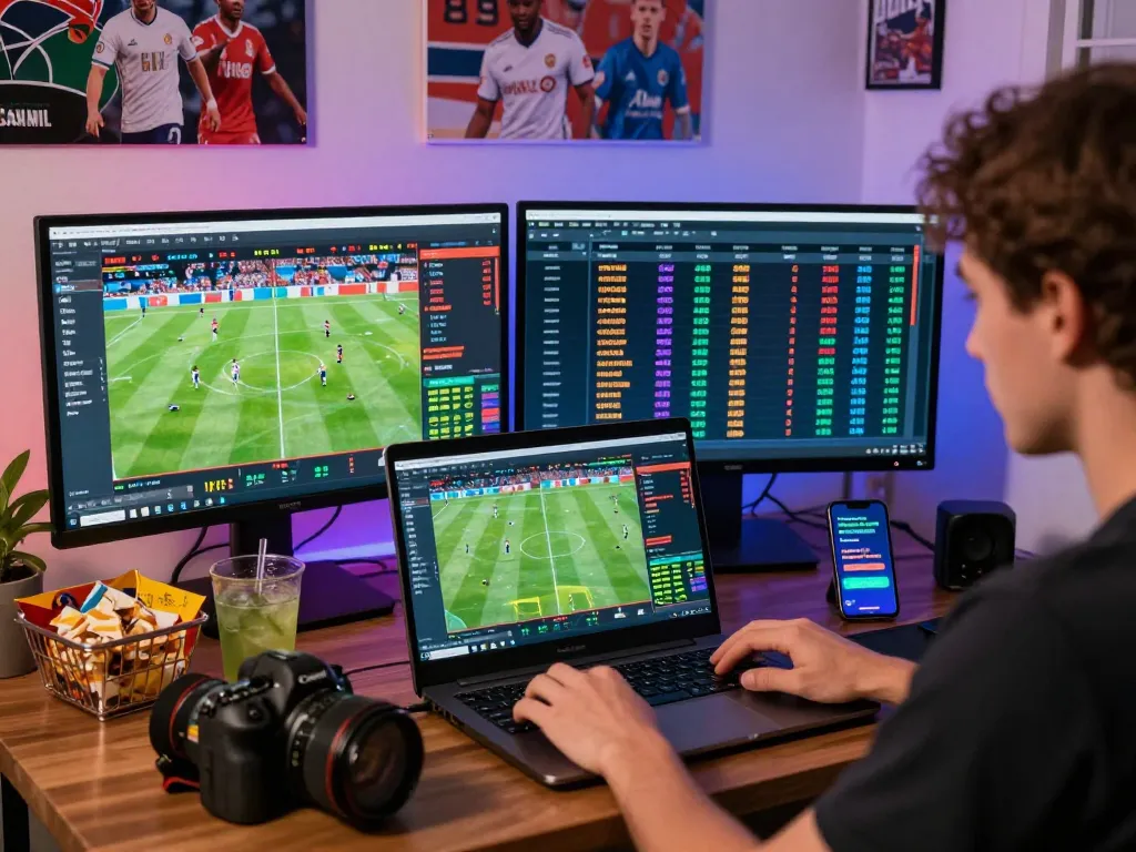 Enthusiast analyzing kèo nhà cái odds on multiple screens in a vibrant betting atmosphere.