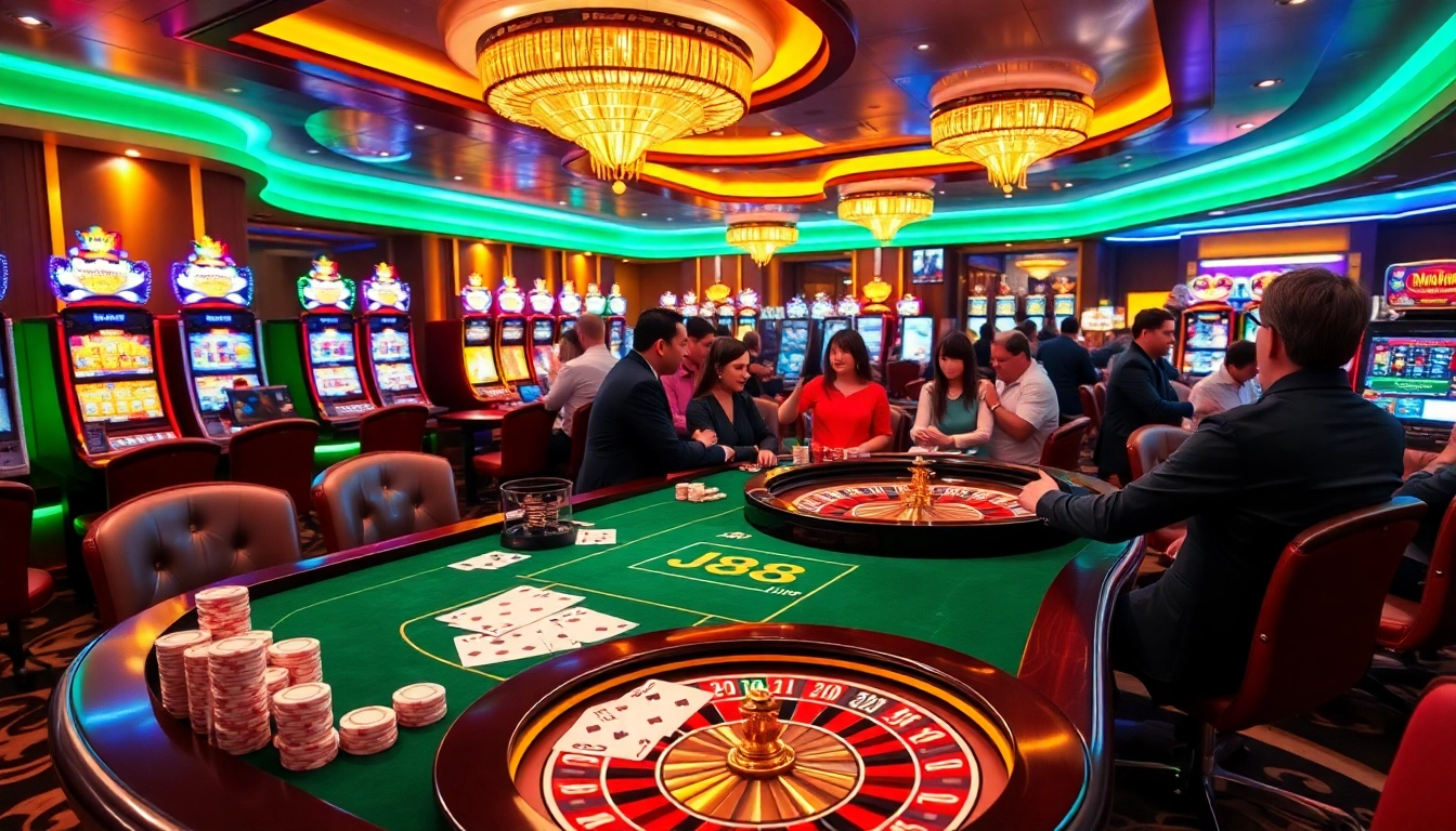 Experience the thrill at J88, where vibrant casino tables and eager players create an atmosphere of excitement.