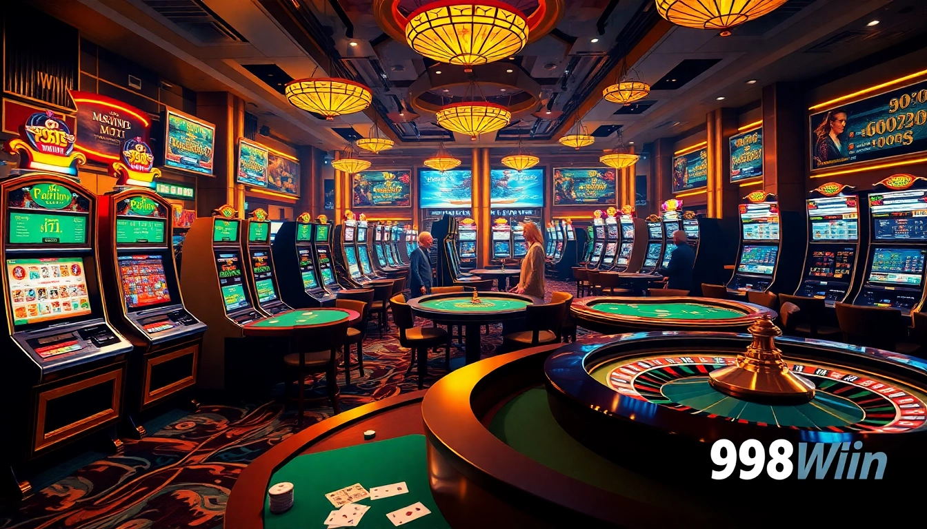 Players engaging with 98Win's vibrant online casino atmosphere featuring dynamic slot machines and poker tables.