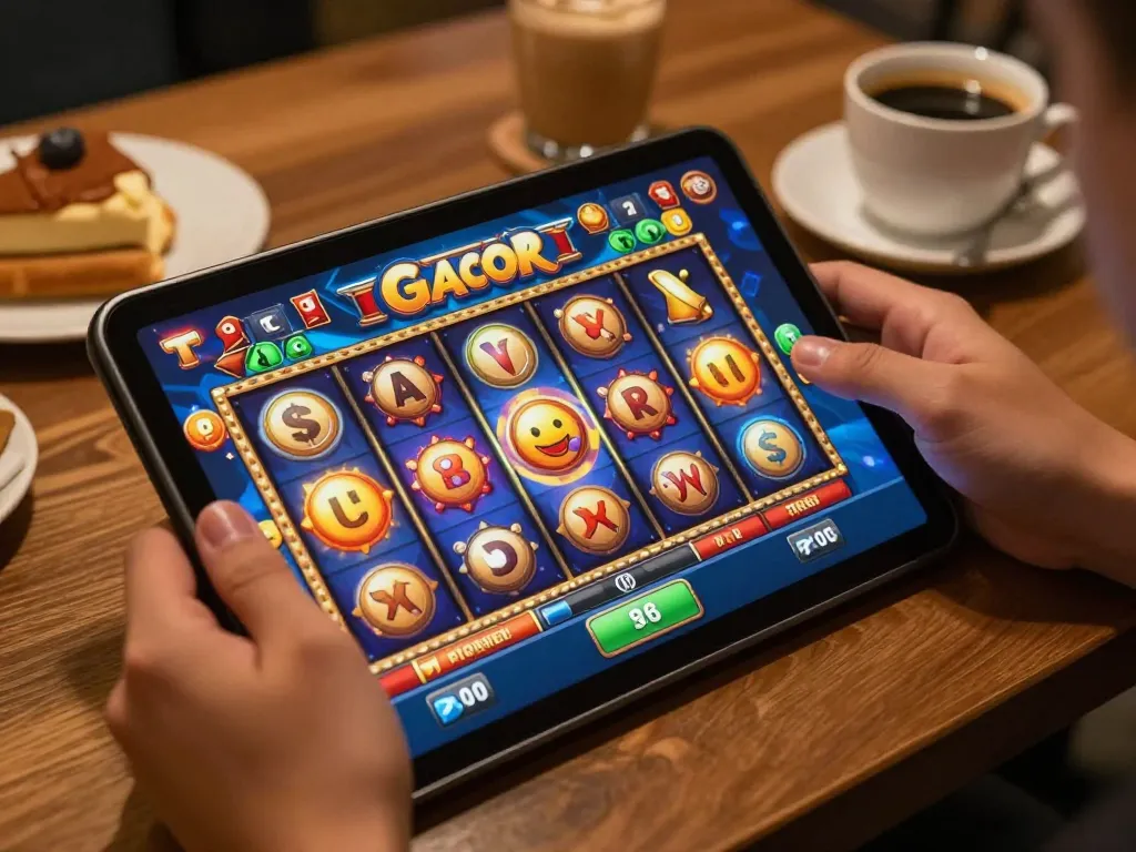 Playing Slot Gacor on a tablet, showcasing engaging reels and colorful graphics.