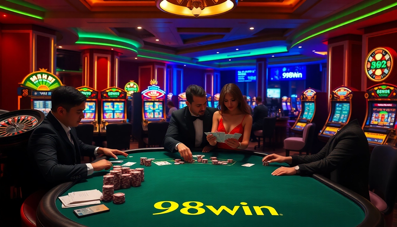 Engaging poker players at a luxurious casino table featuring 98win branding, vibrant slot machines, and poker chips.
