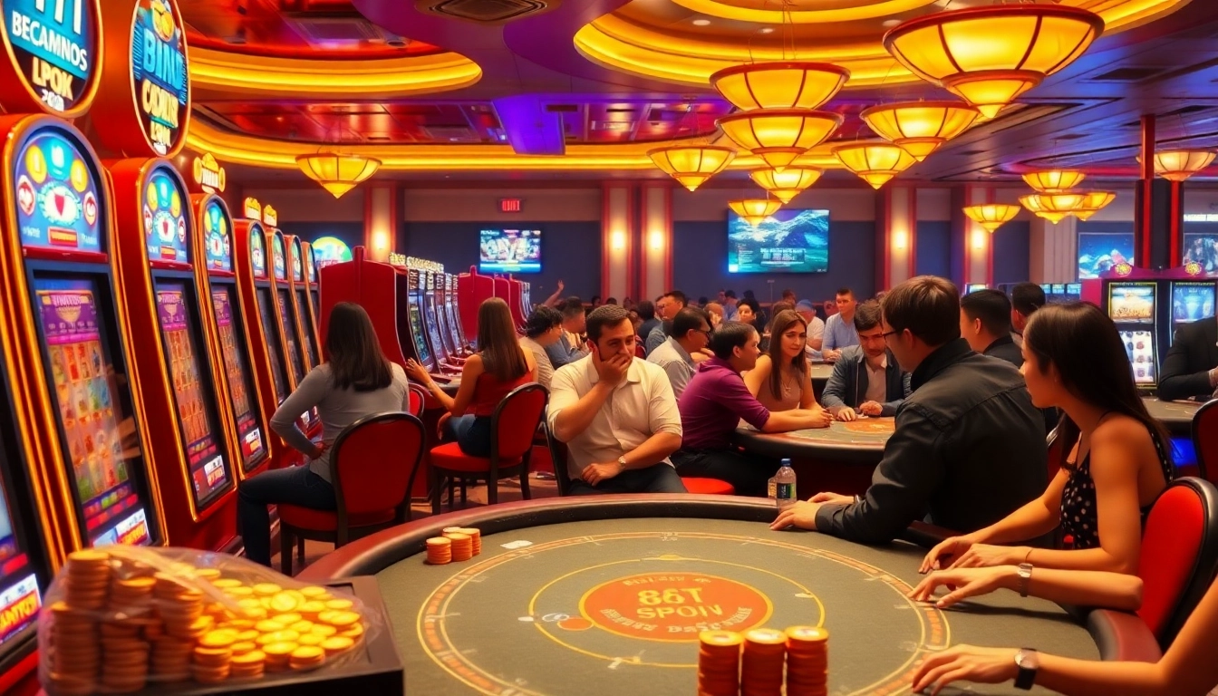 Players celebrate wins at slot machines and poker tables in a luxurious casino scene inspired by https://tr88games.com/.