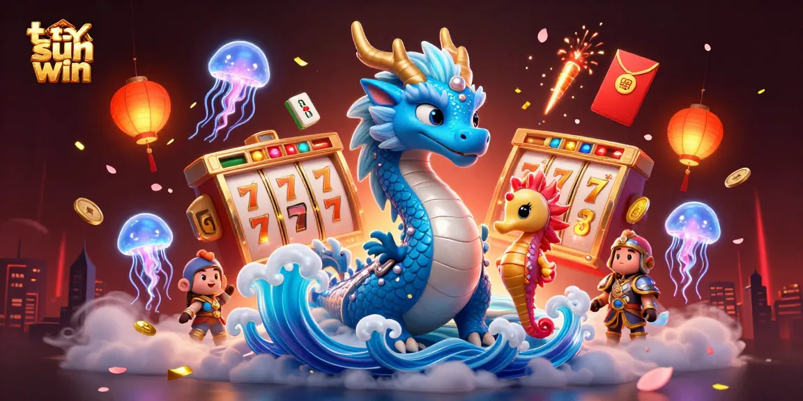Engage with the vibrant world of tải sun win featuring a majestic azure water dragon and seahorse knight amidst animated slot reels.
