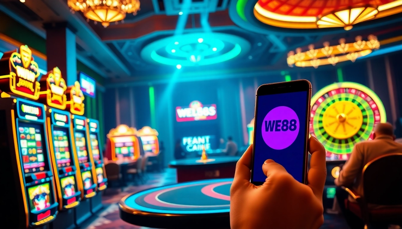 Experience the excitement of WE88 with vibrant casino action featuring slot machines and poker tables.