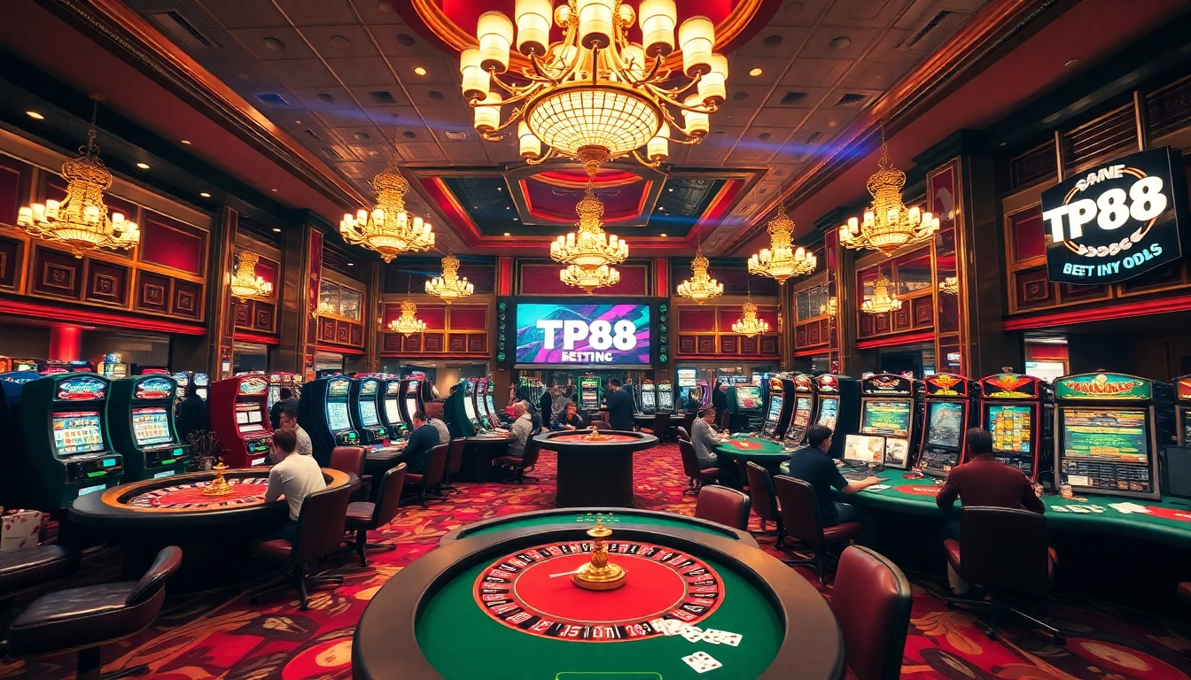 Players experiencing the excitement of TP88 at a luxurious casino with vibrant gaming tables.