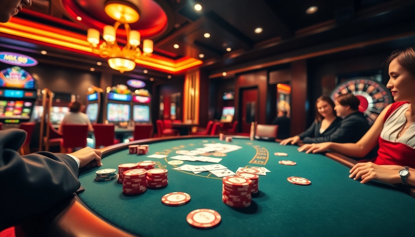 Experience the thrill of gambling at MM88 with vibrant poker tables and exciting slot machines.