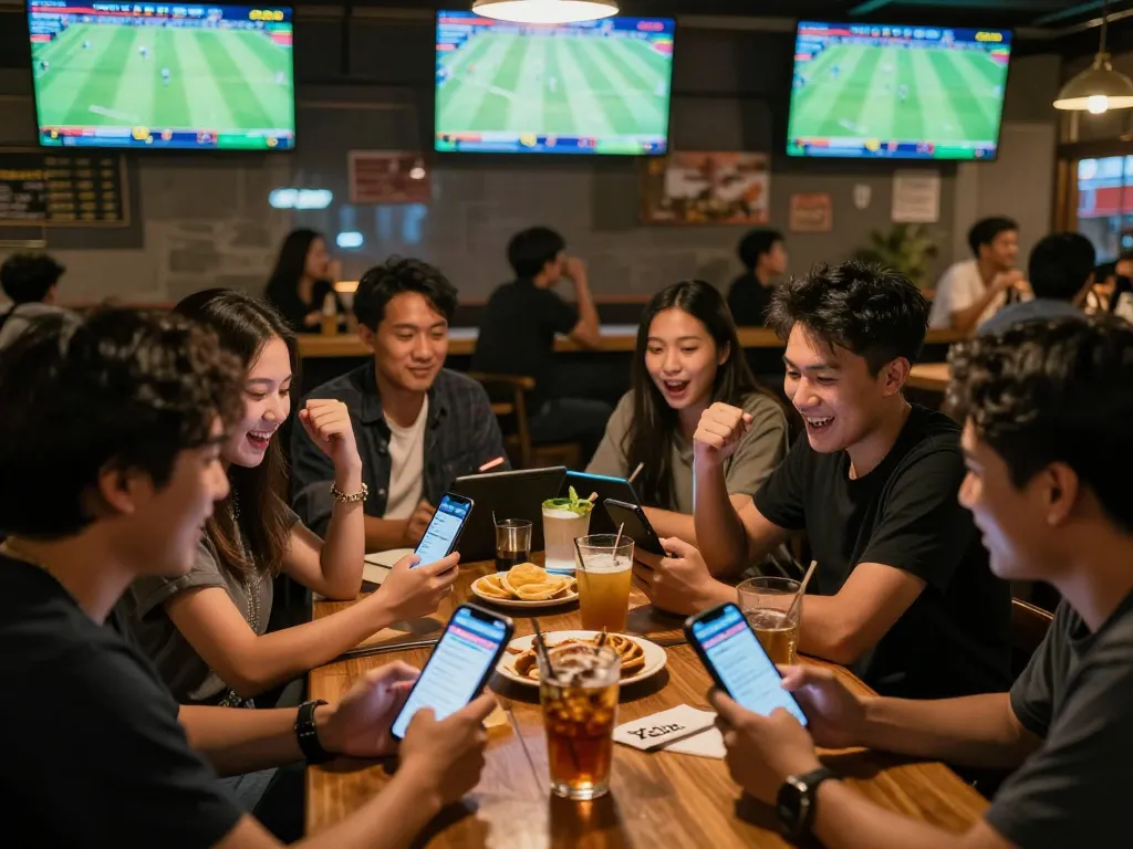 Xoilac xem trực tiếp sports betting experience at a lively bar with friends, smartphones and live football games