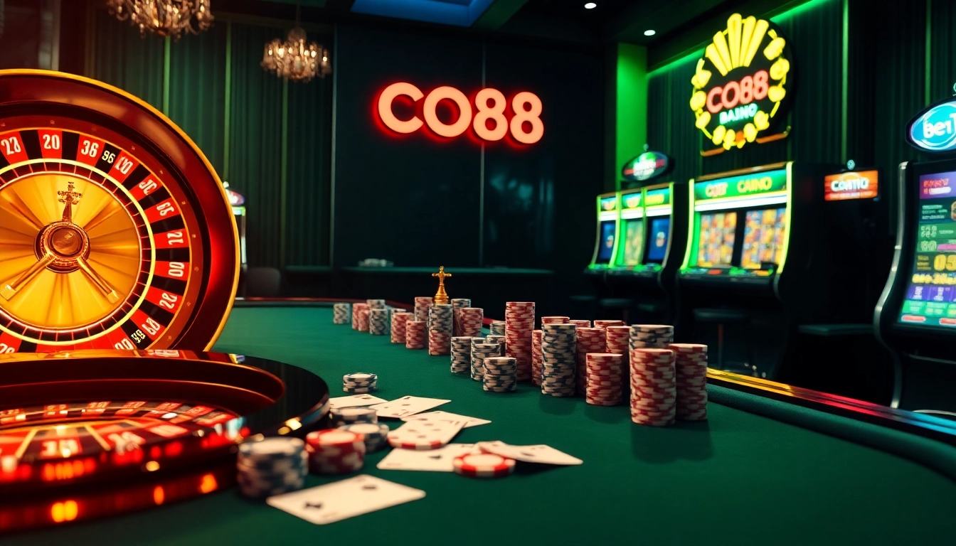 Experience the excitement of gaming at CO88 with vibrant casino elements and a luxurious atmosphere.