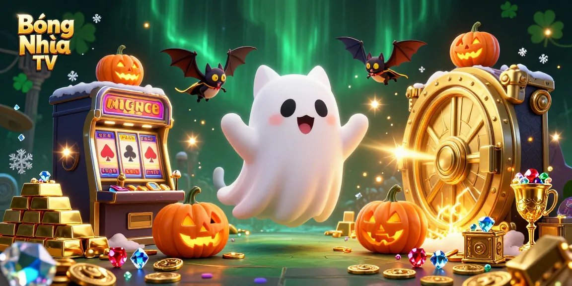 Bóng Nhựa TV invites players to win big with a lively ghost cat and bat duo in a haunted casino.