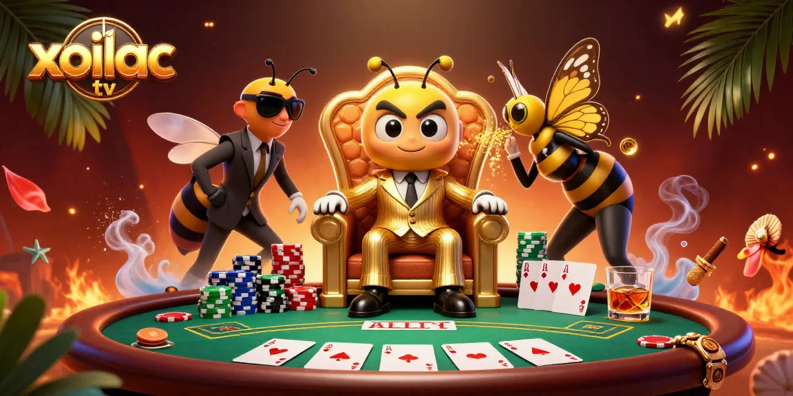 Xoilac TV showcases a vibrant 3D casino scene with a bumblebee mob boss at the poker table, enhancing betting excitement.