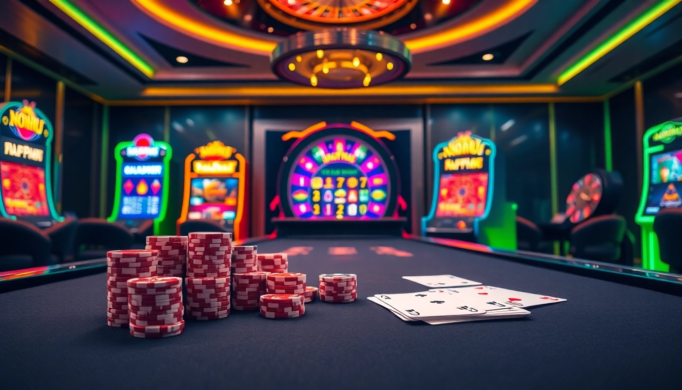 Experience the excitement of NOHU at a luxurious online casino with vibrant slot machines and elegant poker tables.