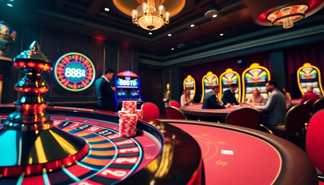 Engaging casino scene showcasing the excitement of 888TO with roulette wheel and poker chips.