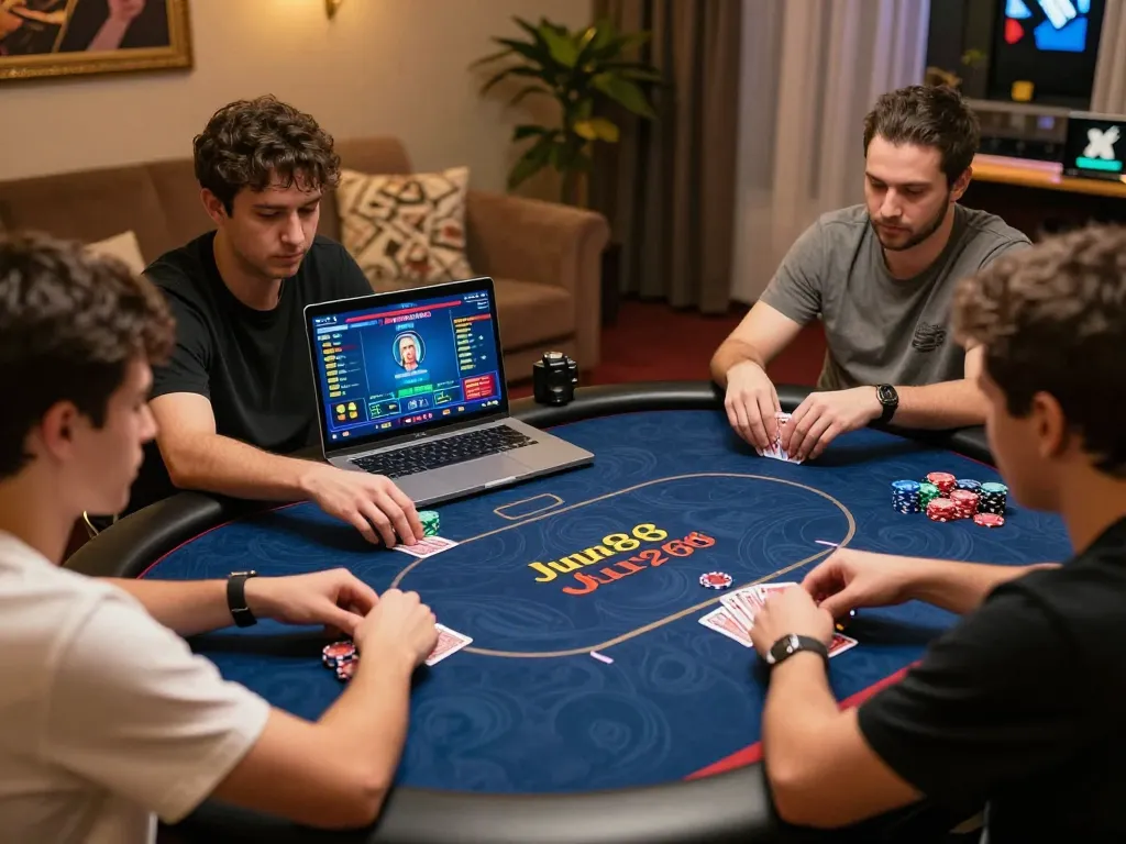 Players enjoying an engaging online poker game at Jun88, immersed in strategic gameplay amidst a cozy home setting.