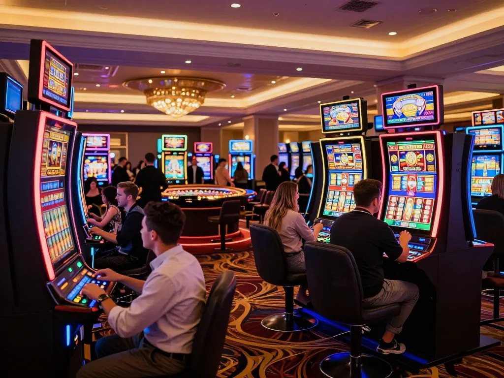 Players enjoy dynamic casino atmosphere at TA88 slot machines with colorful screens and excitement in the air.