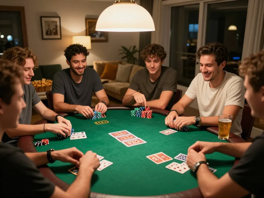 Friends enjoying intense poker game at home with B52 strategies in action.