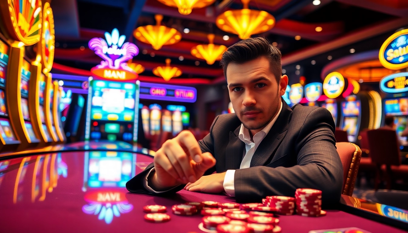 Engaged gambler at RR88 table, focused on high-stakes chips amid vibrant casino lights.