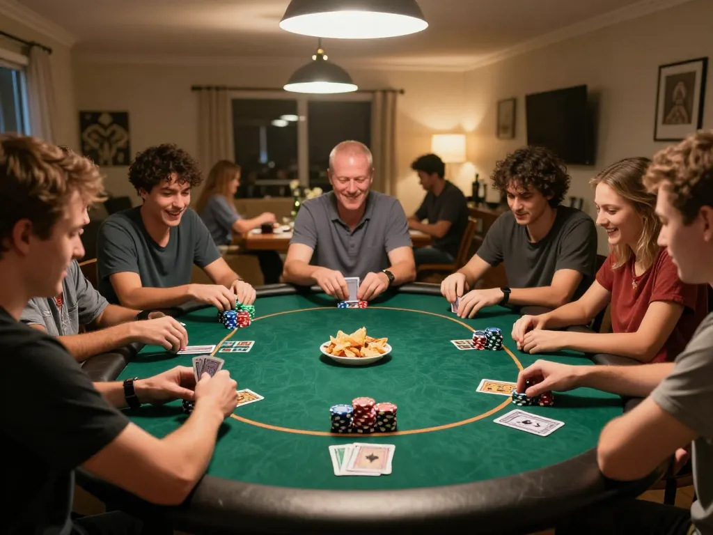 Players enjoying a dynamic poker night at home while wagering on the 79king platform.