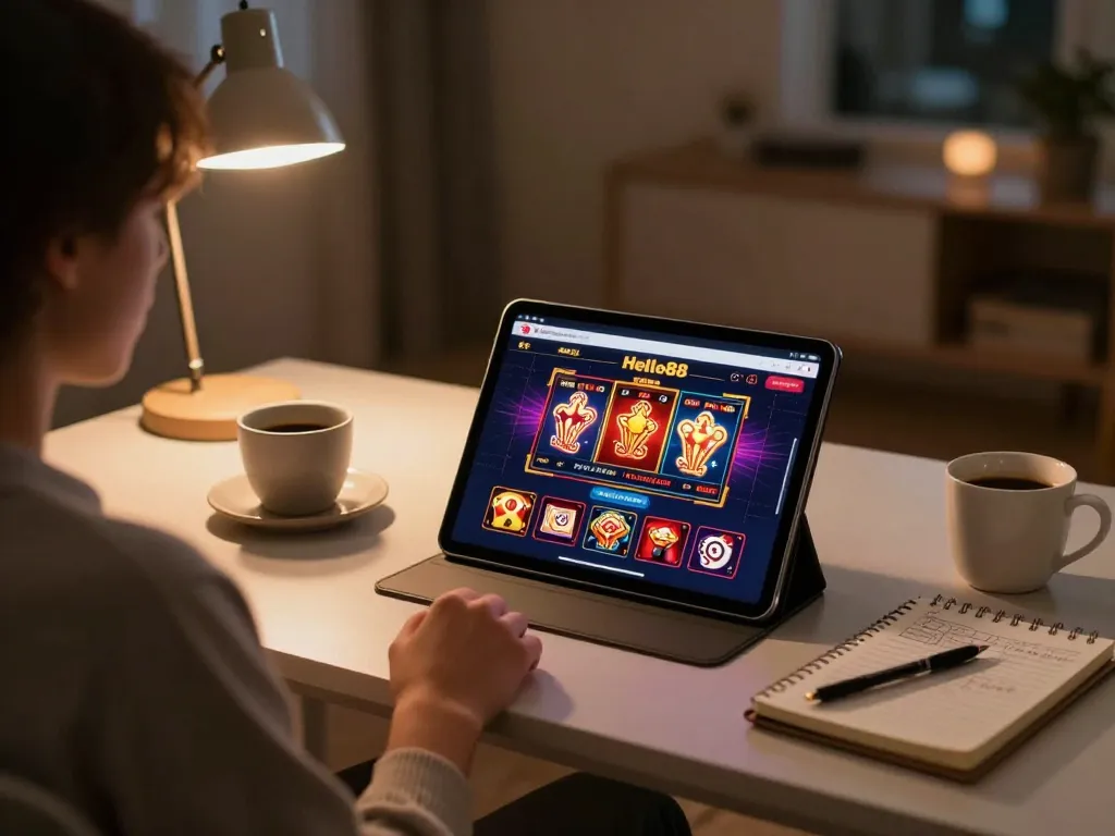Hello88 app gaming session on a tablet with betting strategy notes in a cozy home environment.