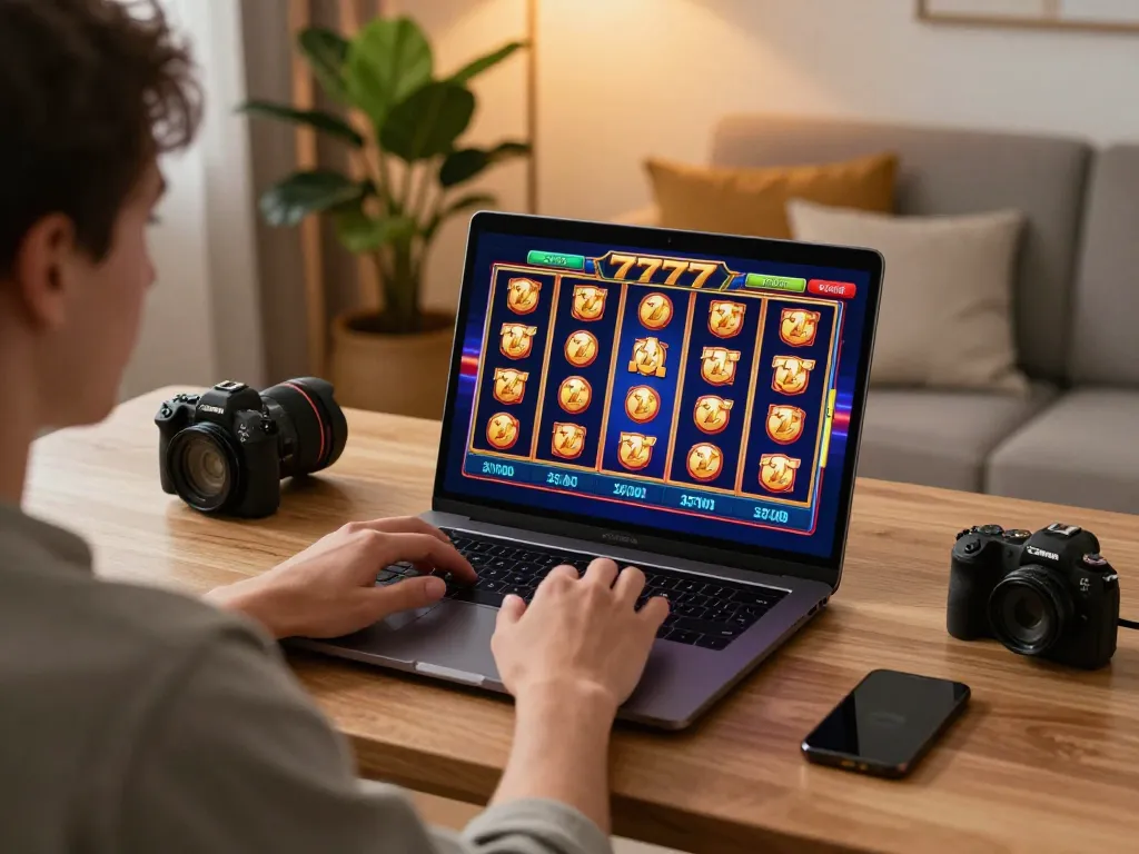 Player enjoying slot777 gaming on a laptop in a cozy home setup.