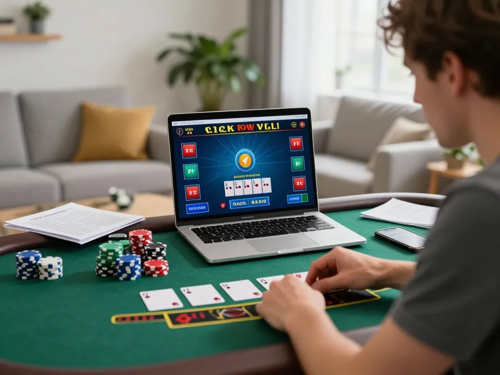 Twin68 player experiencing live dealer blackjack on laptop at home, emphasizing strategic gameplay.