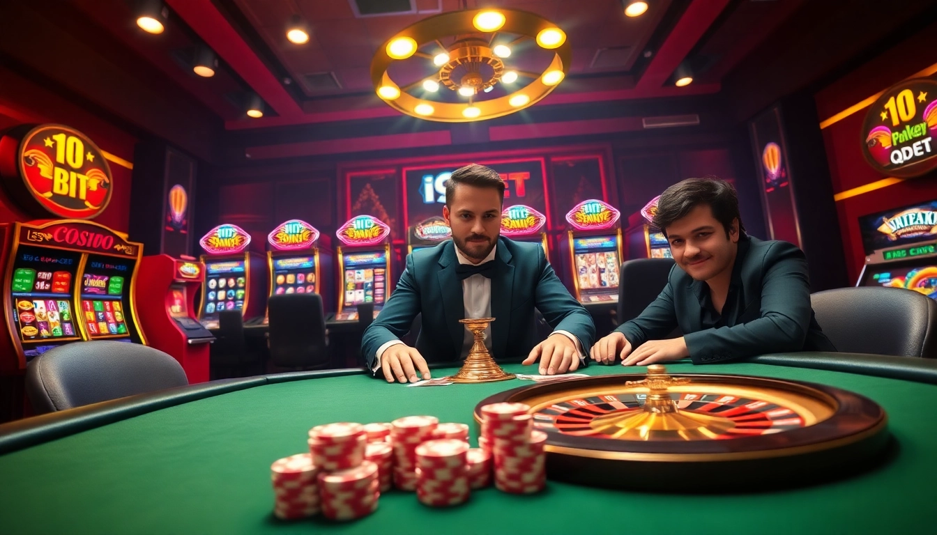 I9BET casino scene showcasing professional poker players and a vibrant roulette table.