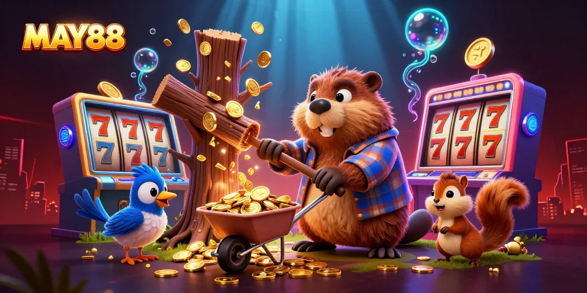 MAY88 showcases a vibrant 3D scene of a beaver and friends winning coins in an exciting casino atmosphere.