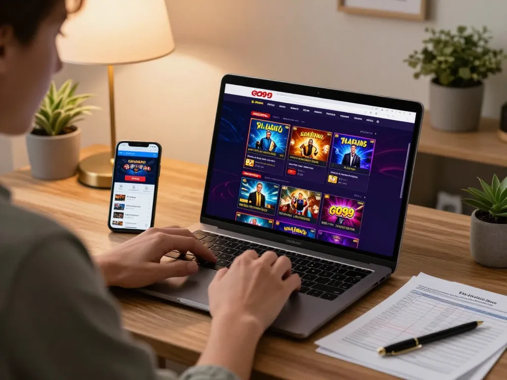 Engaging in online gaming at go99 on a laptop, showcasing vibrant casino interface in modern home.