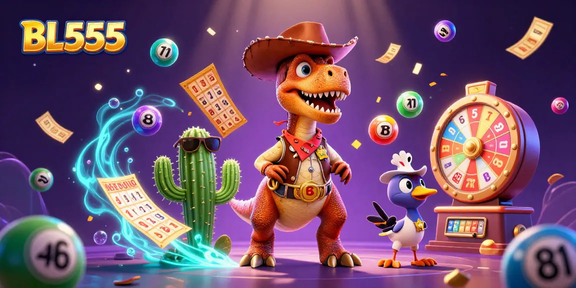 Experience exciting wins at BL555 with our dynamic 3D illustration featuring vibrant lottery elements and playful characters.