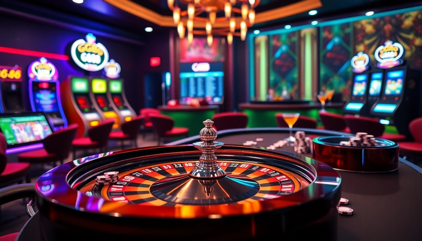 Experience the excitement of GG88, showcasing roulette and poker elements in a luxurious casino.