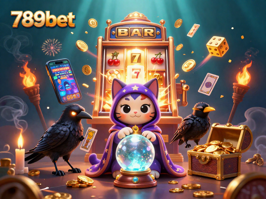 Explore 789bet's vibrant gaming experience with a mystical cat, raven, and lively casino elements.