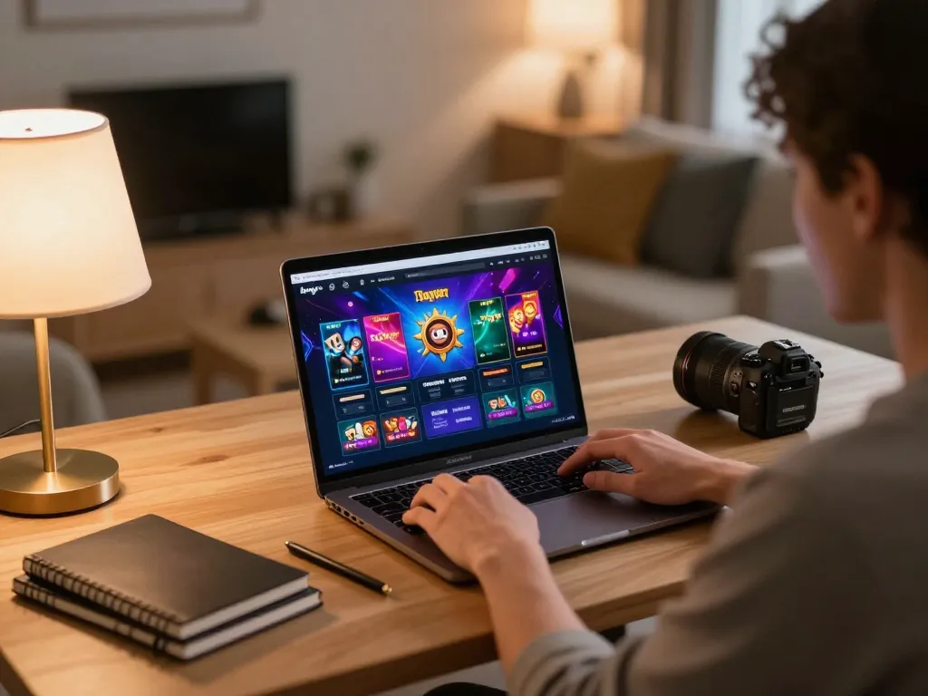 Player engaging with Haywin online casino gaming interface on laptop in cozy home setup