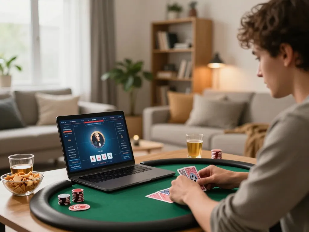 MM88 player strategizing during an online poker game on a laptop in cozy home setting