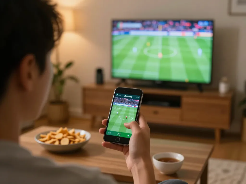 Socolive user placing sports bets on smartphone while enjoying a live football match at home.