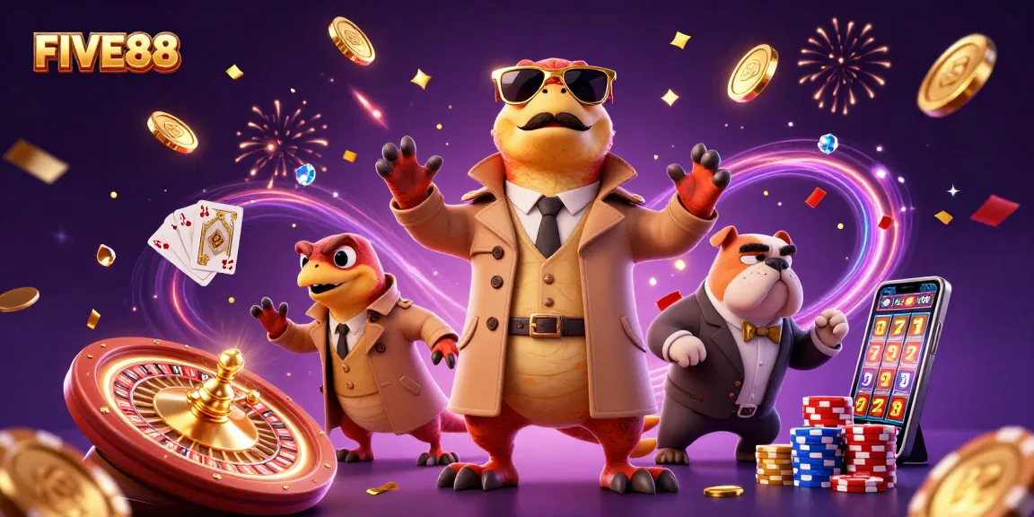 Join the excitement at FIVE88 casino with raptors in trench coats and a bouncer!