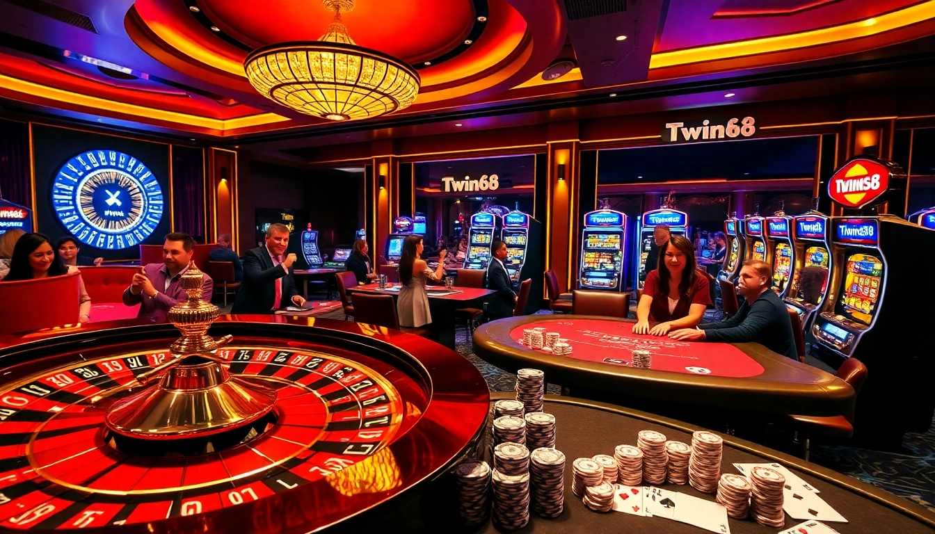 Players enjoying table games and slots at Twin68's luxurious online casino.