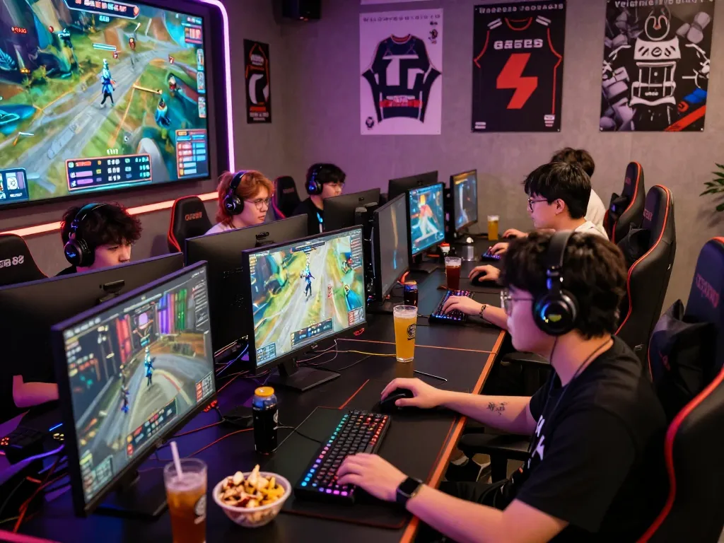 Engaging GG88 esports gaming environment with diverse players focused on Valorant competitions, showcasing intense gameplay and vibrant atmosphere.