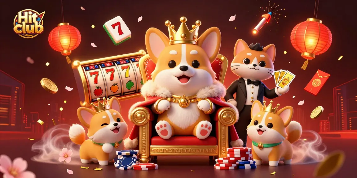 Hit club scene with a royal corgi, golden card deck, dynamic slot game elements, and festive decor.