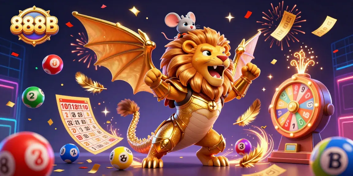Experience the thrill of gaming at 888B with vibrant lottery elements and a triumphant chimera!