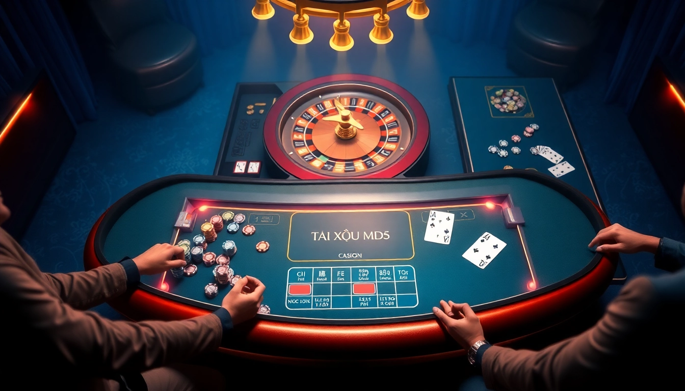 Tài Xỉu MD5 game interface surrounded by vibrant casino elements, capturing excitement and luxury.