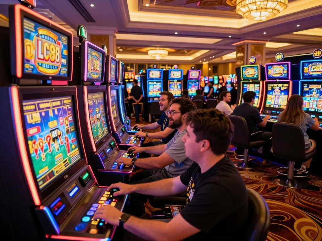 Players enjoying exciting LC88 slots with vivid lights and sounds in a lively casino setting