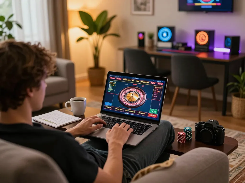 Engaging scene of a player using DN88 for live dealer gaming, showcasing strategic online gambling.