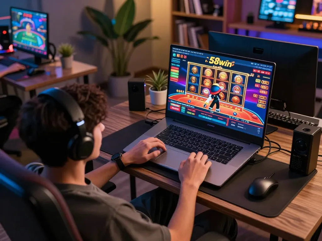 Engaged player experiencing 58win online casino gameplay on a laptop at home