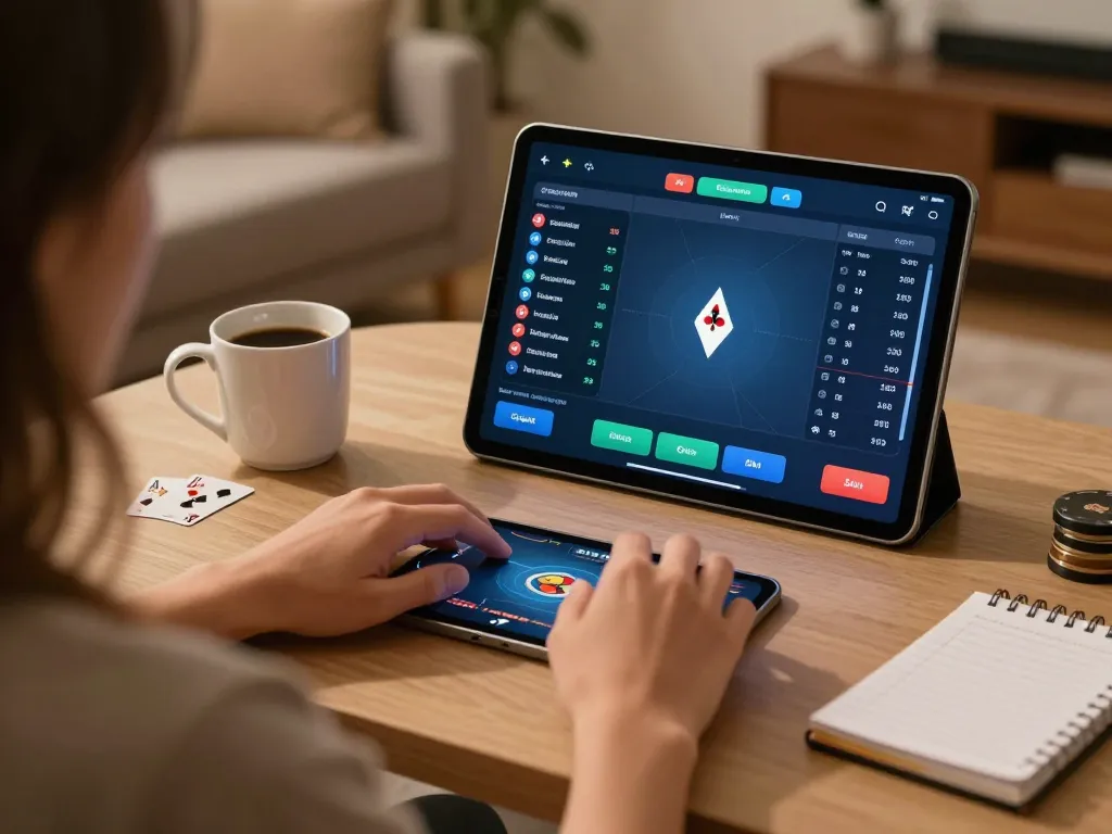 O8 player strategizing poker hands while engaging with online casino app in a cozy home