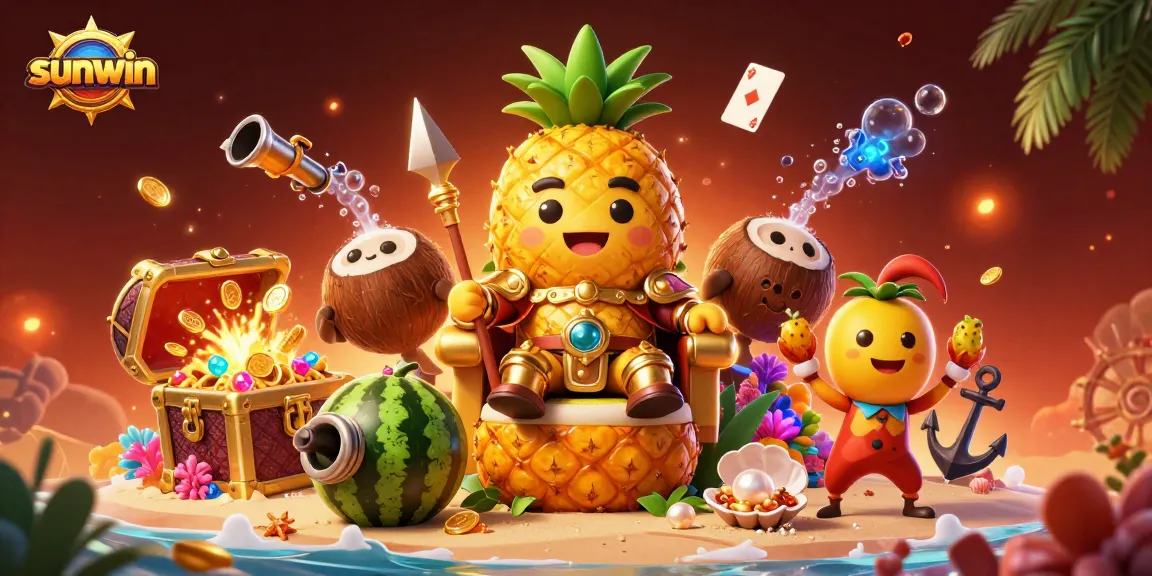 Engage with sunwin's casino adventures featuring a vibrant tropical scene of characters and treasures.