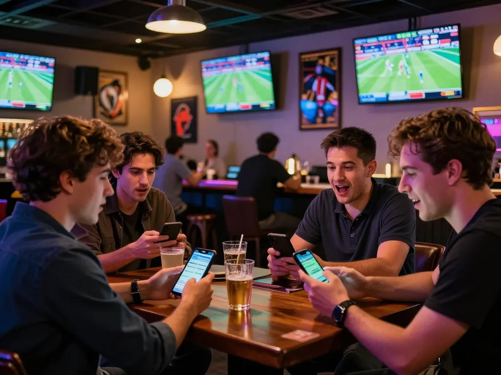 Exciting sports betting atmosphere with active bettors at man88, surrounded by screens showing live events.
