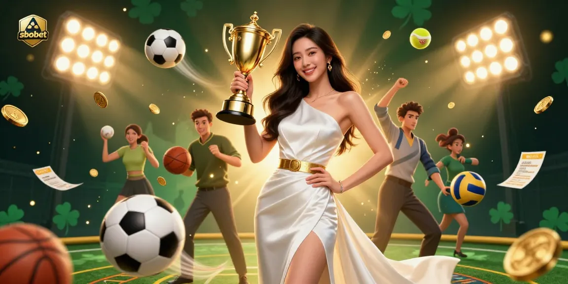 Engage in sbobet sports betting with a victorious Asian woman celebrating a win in a dynamic scene.