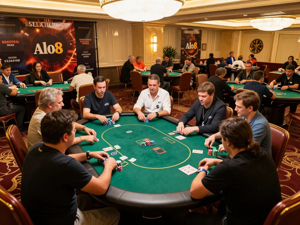 Alo8 poker tournament in progress with players at vibrant casino tables displaying chips and cards