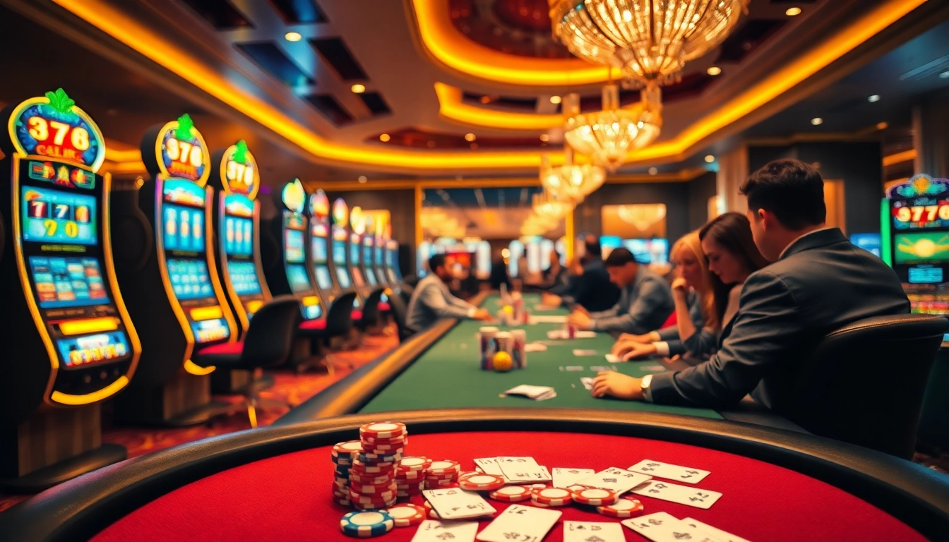 Hi88 players enjoying vibrant casino games with luxurious poker tables and slot machines.